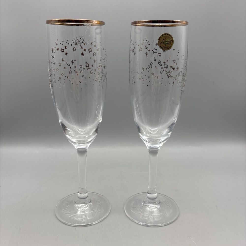 Set Of 2 Cristal D’ Arques Lead Crystal Stemware Champagne Glasses France Stars